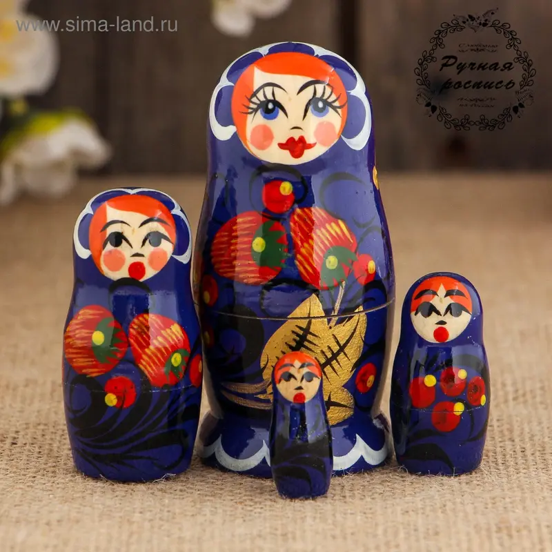 Матрёшка «Ягодки», синий платок, 4 кукольная, 9 см, микс