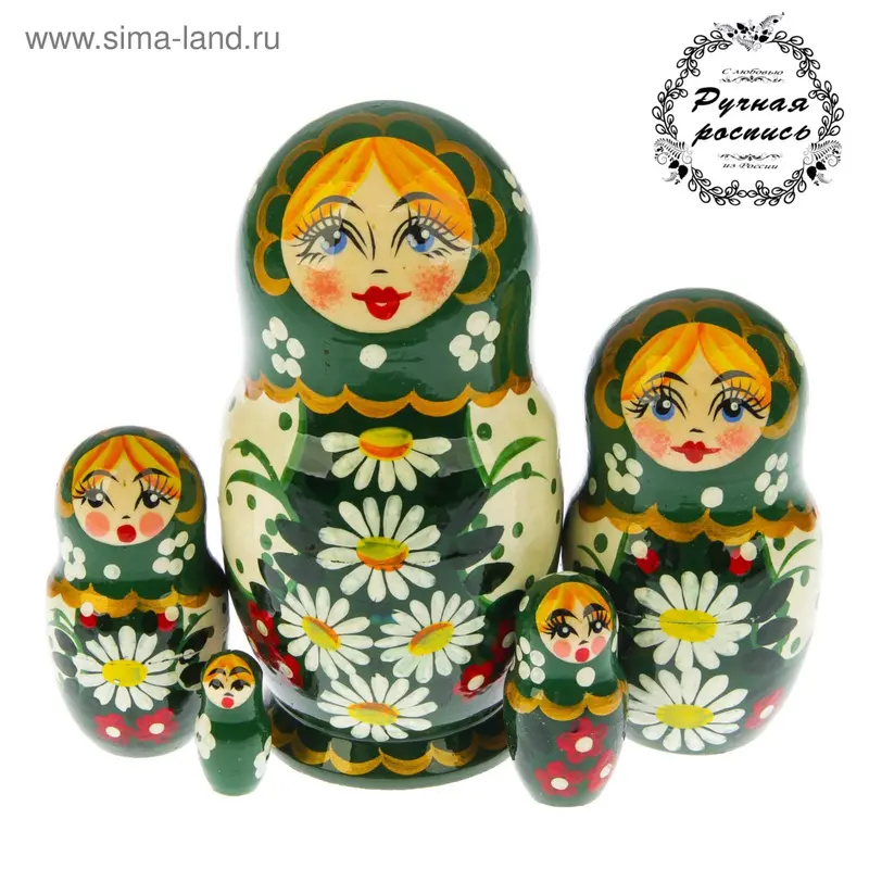 Матрёшка «Ромашка», зелёный платок, 5 кукольная, 17 см