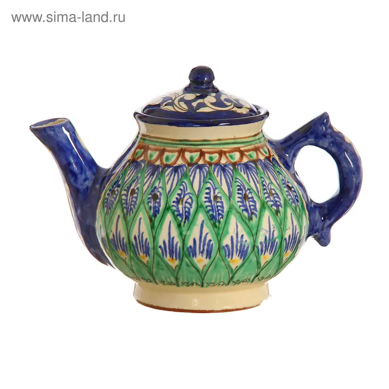 Чайник малый 0.7 л, риштанская роспись, синий, орнамент микс