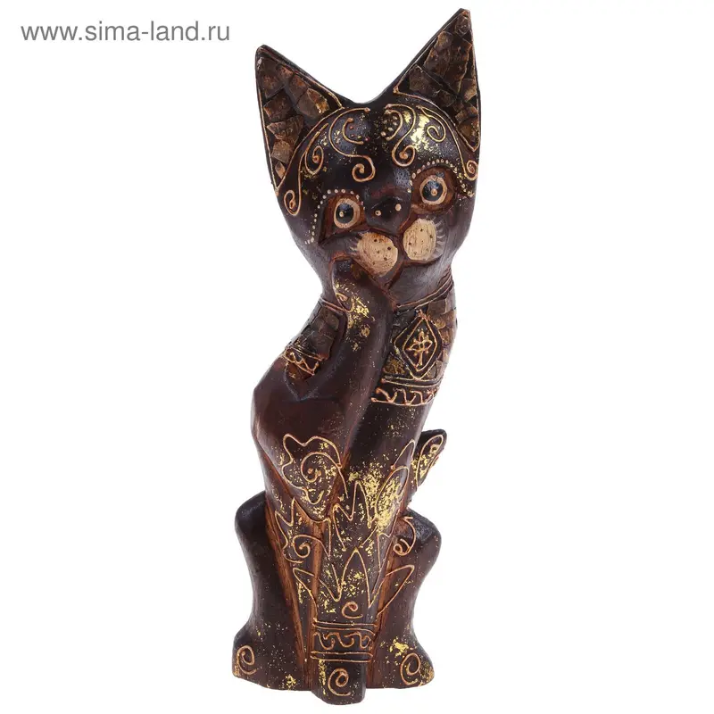 Деревянная фигурка, кот с лапкой у мордочки 25см