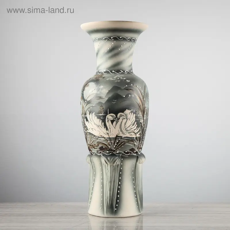 Ваза напольная "Элегия" жемчуг, лебеди, 58 см, керамика