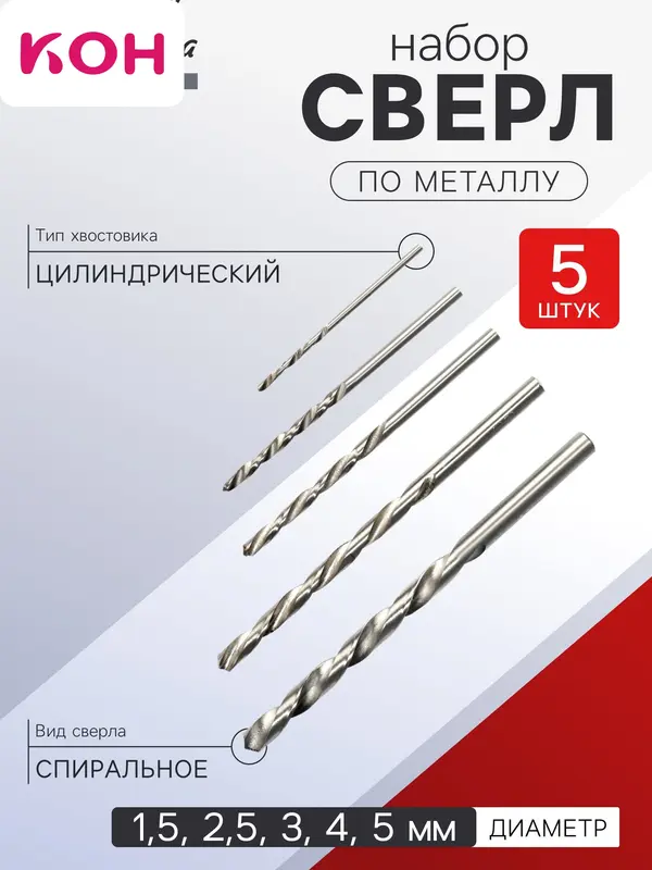 Набор сверл по металлу ТУНДРА, HSS, цилиндрический хвостовик, 1.5-2.5-3-4-5 мм, 5 шт