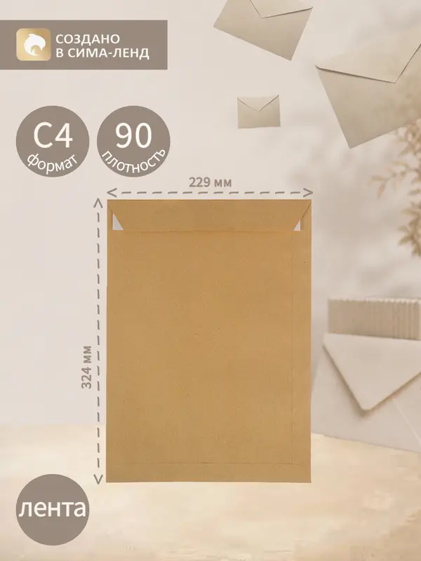 Пакет почтовый C4, 229×324 мм, крафт, без подсказа, отрывная лента, 90 г/м²