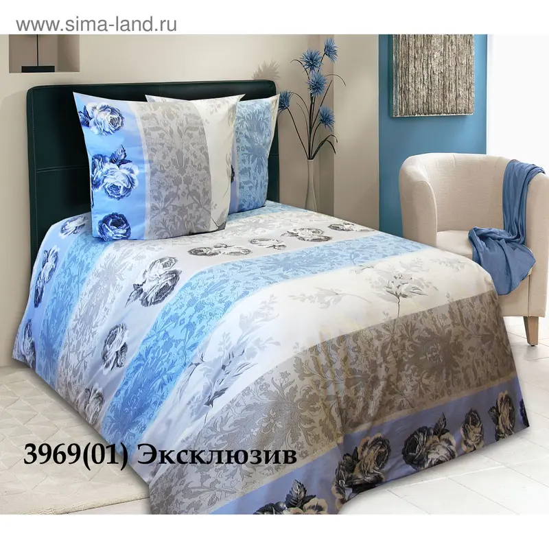 Постельное бельё дуэт Блакит рис.Эксклюзив 215х153 см 2шт,240х220 см,70х70 см 2шт, сатин, хл.100%